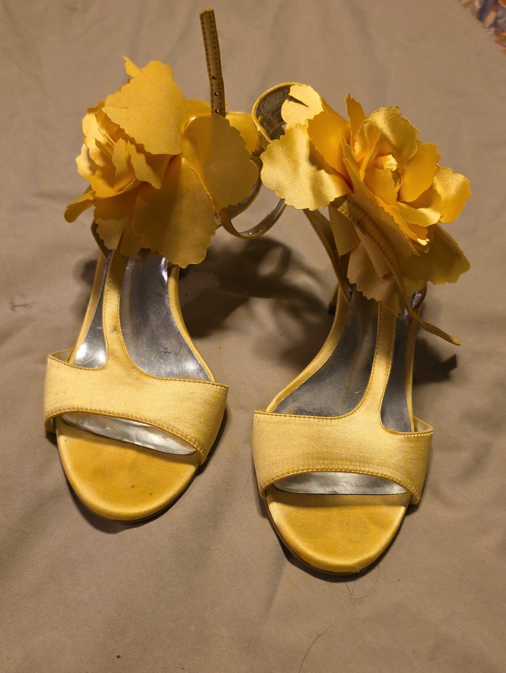 Yellow Satin Heels With Ankle Strap And Flower